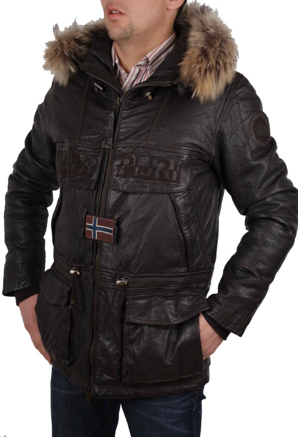 Napapijri Homme Veste Parka Veste EN Cuir Véritable Braun Taille M